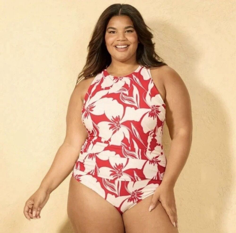 Shade & Shore High Neck One Piece Swimsuit Red & White Hawaiian Floral Sz 18